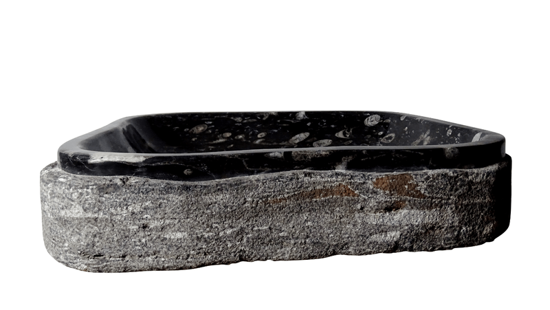 MOC Natuursteen Wasbak Vrije Vorm uit Zwart Marmer met Orthoceras Fossielen